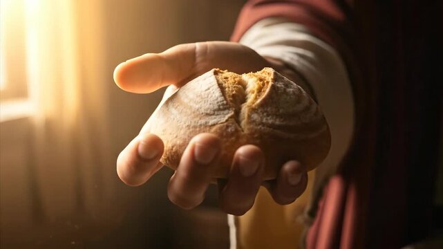 Jesus breaks bread with his hands. The religious concept of the sacrament of the Eucharist. Christian faith, Holy Communion, a symbol of communion.	
