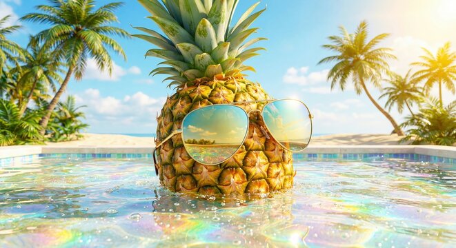 Pineapple wearing sunglasses relaxing at tropical beach pool