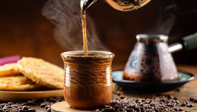 Hot Coffee Pouring Into A Steaming Traditional Mexican Jarrito With Another Jarrito In Background