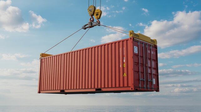 Red shipping container being lifted by crane over calm waters under blue sky