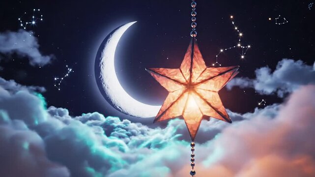 Decorative Crescent with Hanging Star Lantern in Dreamy Night Sky.