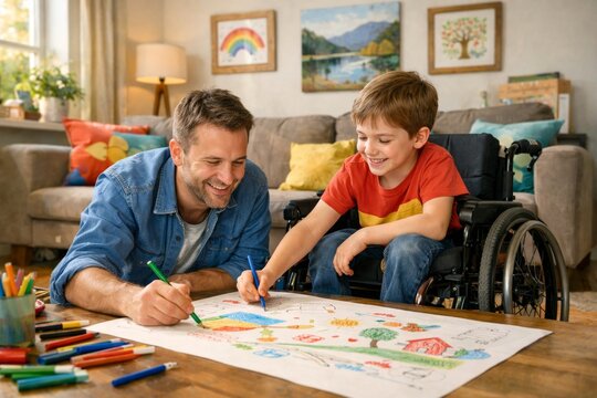 Dad and child in wheelchair drawing together on large sheet of paper in living room. colorful pillows on sofa and daylight create home creativity scene of support and joy