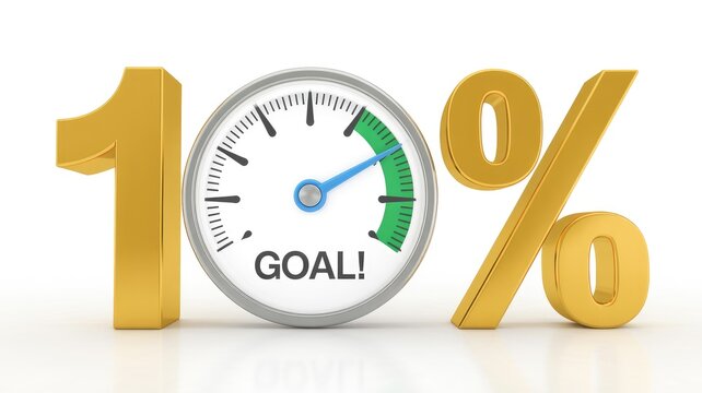 Achieving 100 percent goal with progress meter and target reached