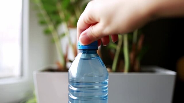 Close up of a plastic bottle on a table. A young womans hand closes the tethered PET cap, highlighting eco-conscious daily routines and interaction with recyclable objects.