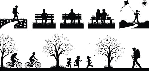 Obraz premium Black silhouettes of family hiking with dog, children at campfire roasting marshmallows, and people enjoying park activities on white background - flavector