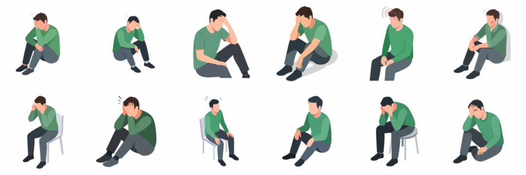 Isometric Man Sitting Sadness and Frustration Flat Design Illustration