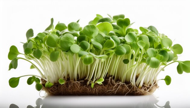 Fresh Green Radish Microgreens Growing In A Cluster On A White Background