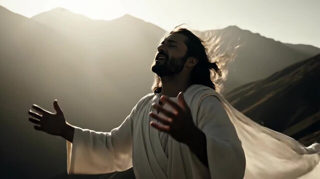 Jesus Christ, a man in white with outstretched hands on a mountaintop. The spiritual concept of praise and worship during sunrise or sunset. Religious piety.