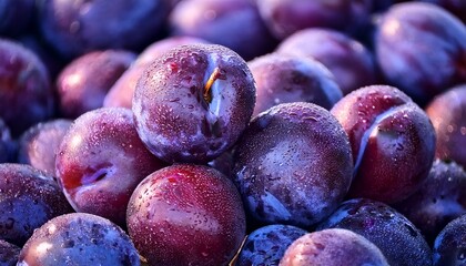 Purple Plums A Close Up Shot Captures A Mountain Of Luscious Plums Their Deep Purple Skins Glistening Invitingly Each Piece Exudes Freshness Promising A Burst Of Sweet And Juicy Flavor