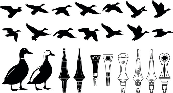 Duck hunting silhouette set with flying mallard flock standing birds and various duck call whistles vector illustration collection