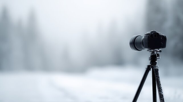 DSLR camera mounted on a tripod in snowy terrain, crisp details, serene winter atmosphere