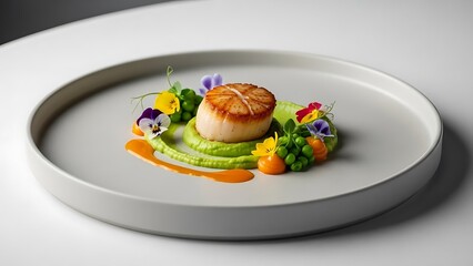 Gourmet Seared Scallop with Pea Puree and Edible Flowers.
