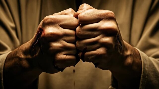 The hand of Jesus Christ. The hands of a man with stigmata. Religious Christ suffering from his wounds. Easter themes, Good Friday, piety, sacrifice, redemption, faith.	
