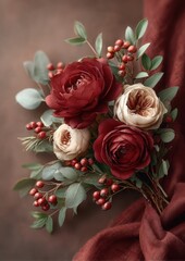 Romantic bouquet of red and cream roses with berries on dark background