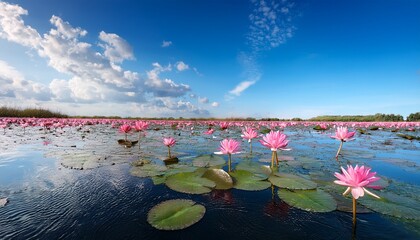 Pink Lotus Flowers On A Serene Blue Waterway Under A Sunny Sky
