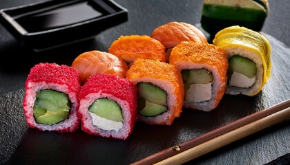 Sushi Rolls Vibrant Colors Neatly Arranged On Black Tray