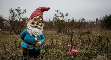 Obraz premium Garden Gnome and Pink Flamingo Statue Outdoors