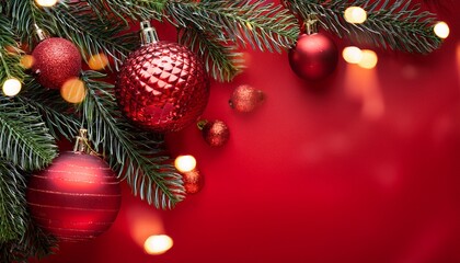 Red Christmas Ornaments With Evergreen Branches And Lights On Red Background
