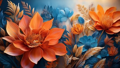 Bold Textured Floral Landscape With Warm Oranges And Cool Blues Under Luminous Lighting Banner Wallart