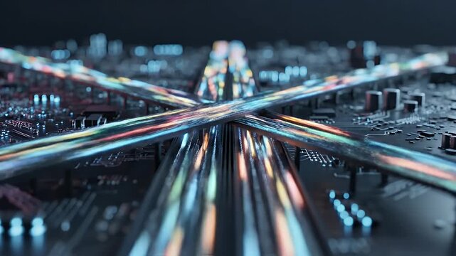 Abstract digital circuit board with intersecting illuminated pathways