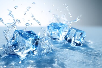 Ice Cubes Splashing on Hard Surface with Blue Reflections and Forceful Impact