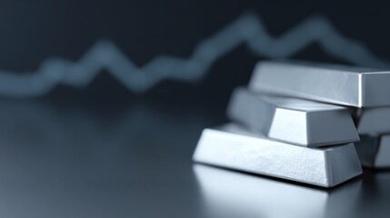 Dynamic financial concept: silver bars stacked high with glowing upward arrow and market chart, symbolizing investment performance