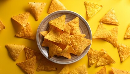 Triangle Corn Chips Scattered Over A Bright Yellow Background
