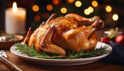 A Roasted Chicken On A Plate With Rosemary A Lit Candle In The Background And A Warm Appetizing Appearance