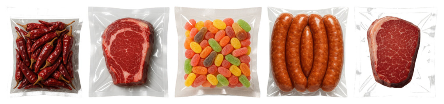 PNG Vacuum-sealed assorted food items, element set on transparent background