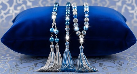 Blue and silver prayer beads with tassels on a pillow
