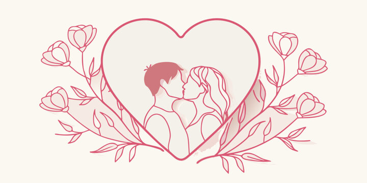 A romantic illustration depicting a couple kissing within a heart shaped floral frame