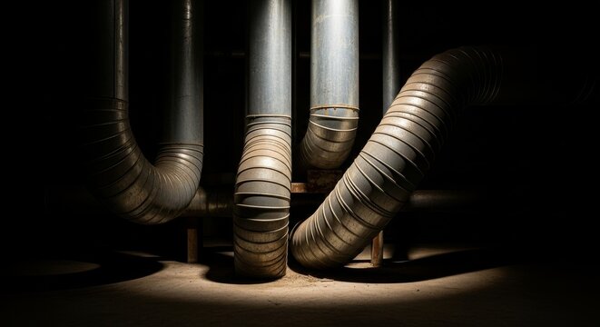 Industrial Metal Pipes in Dark Setting