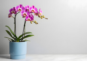 Naklejka premium A beautiful pink orchid plant in a blue pot on a table
