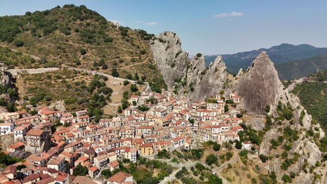 Aerial Drone View of Castelmezzano Village Nestled Among Rocky Peaks in the Dolomiti Lucane, Basilicata, Italy
