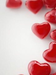 Fototapeta premium Valentine Day poster design with glossy red hearts on clean white background and copy space,