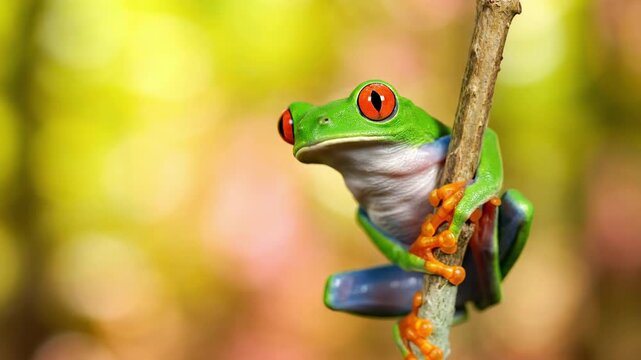Red-eyed tree frog sitting on a branch in a lush tropical forest
