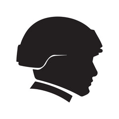 Black silhouette of a soldier's head wearing a tactical helmet, profile view, white background