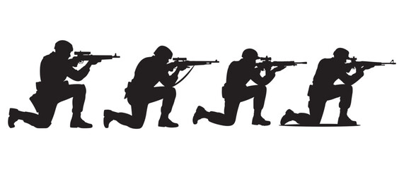 Four soldiers kneeling with rifles, silhouette in combat ready poses, military action scene