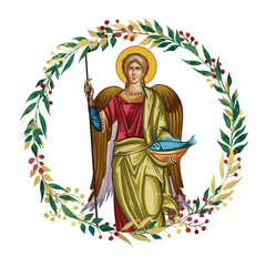Fototapeta premium Archangel Raphael. Decorative vintage floral wreath, illustration in Byzantine style isolated