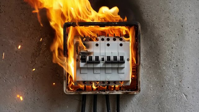Faulty electrical panel burning in flames mounted on concrete wall
