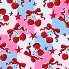 Cotton fabric Seamless pattern with red cherries tied with ribbons and bows on a pastel pink and blue checkered background with stars for textile and wallpaper surface design