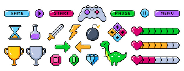 Pixel art 8bit arcade ui buttons, arrows, gaming controller, life bar with hearts. Video game item symbols, interface menu icons vector set. Pixelated winner trophy cups, gemstones, elixir in flask © redgreystock