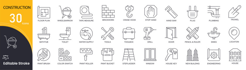 Construction concept simple line icons set. Pack outline pictograms of house, tower crane, builder, location, supply, tools, wheelbarrow and other. Editable stroke. © khansa