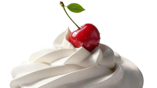 A close-up of a whipped cream dessert topped with a cherry on a transparent background