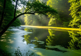 Fototapeta premium A serene forest lake with a tree leaning over the water