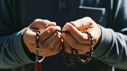 Hands Holding Prayer Beads Closeup.