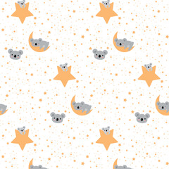 A koala pattern in the sky with stars and a moon. On a transparent background.