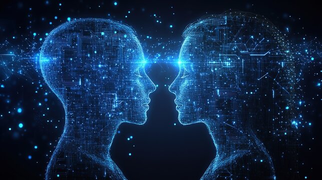 Digital Silhouettes of Two Human Heads with Circuit - like Patterns and Blue Glow