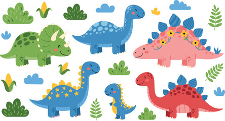 Obraz premium Cute colorful cartoon dinosaurs set with plants and clouds, friendly prehistoric animals for kids education, nursery decor, and playful design