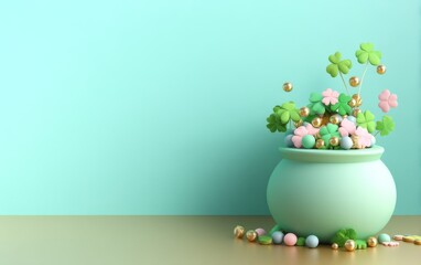 Playful 3D Clay Cauldron with Shamrocks Spilling Joyfully on Surface